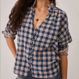 Anthropologie Pilcro Peach The Tavi Plaid Button Down Oversized Blouse Sz Small